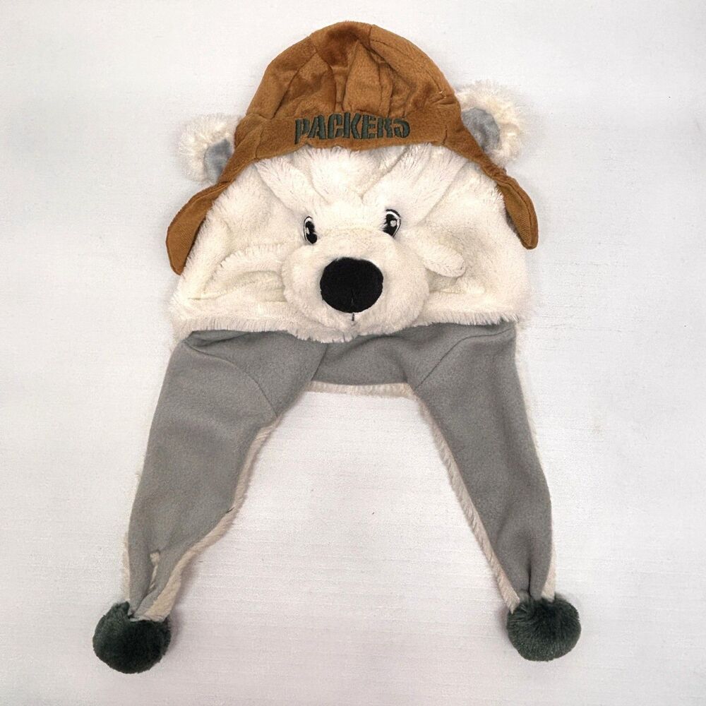 Green Bay Packers Plush Polar Bear Winter Beanie Hat Adult Size Football NFL